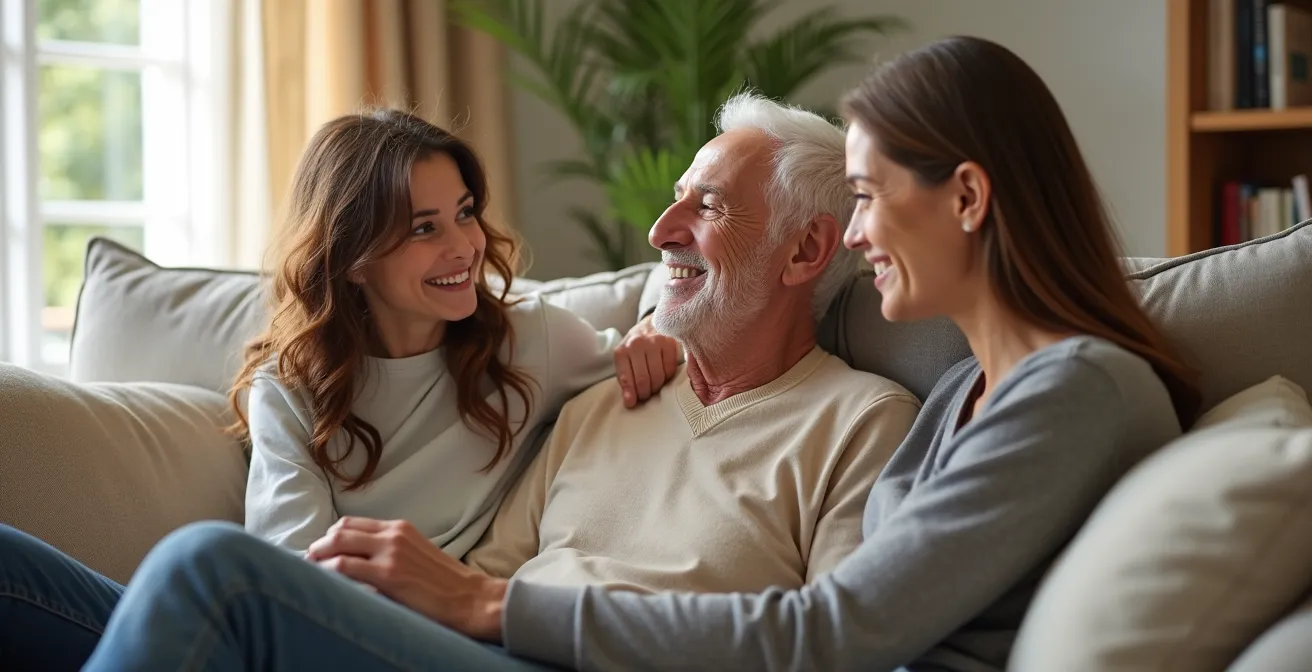 Famille multigénérationnelle réunie dans un salon lumineux, ambiance sereine et détendue