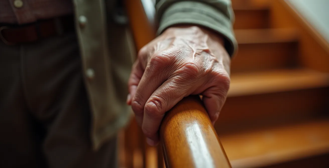 Détail d'une main âgée saisissant une rampe d'escalier en bois avec des veines marquées