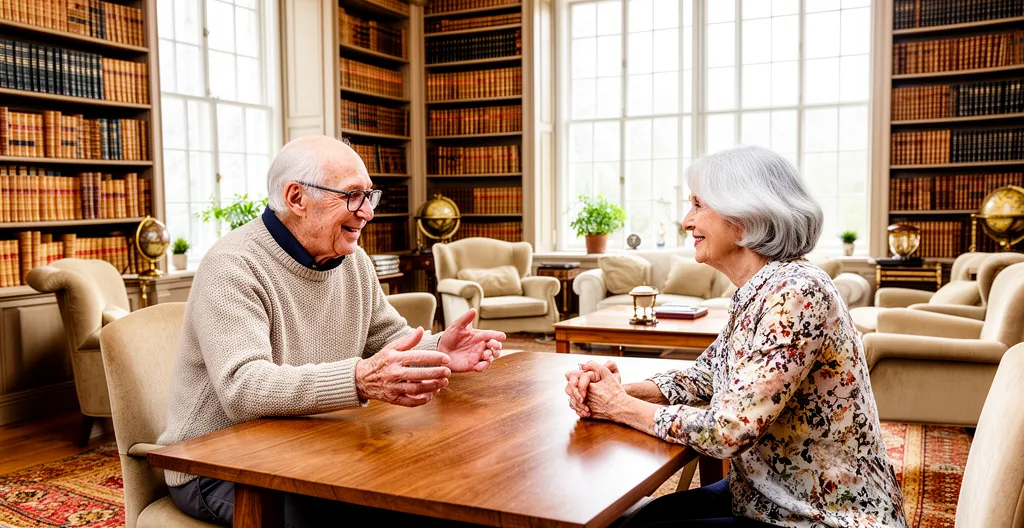 Deux seniors discutant dans le salon bibliothèque de la résidence