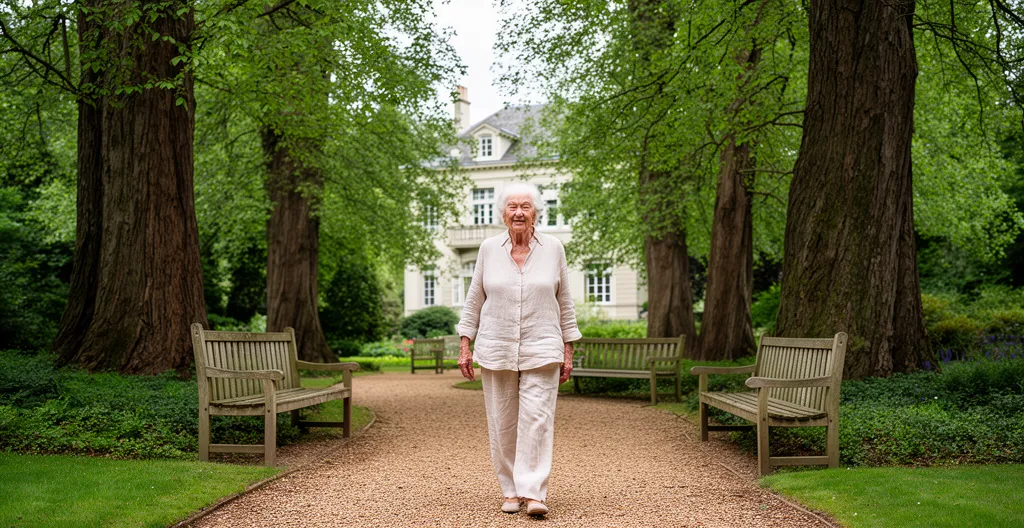 Senior se promenant dans les allées du parc arboré