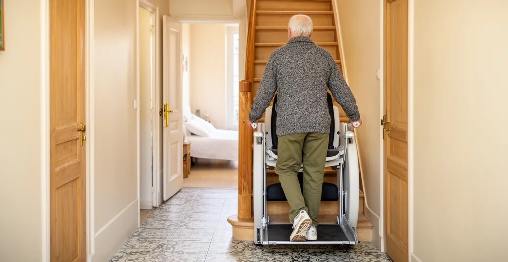Personne senior arrivant en haut d'un escalier équipé