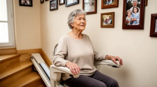 Femme senior utilisant un monte-escalier dans un escalier en bois résidentiel