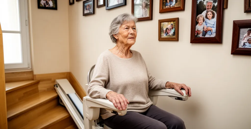 Femme senior utilisant un monte-escalier dans un escalier en bois résidentiel