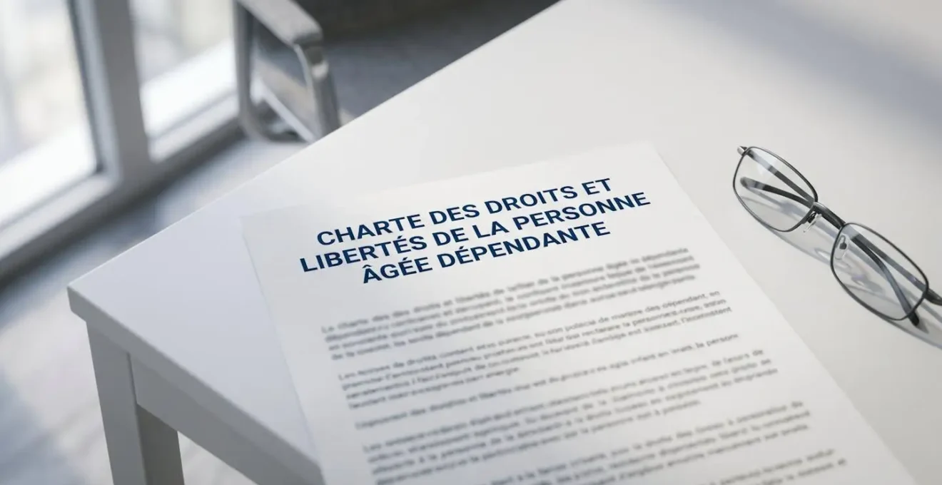 Document officiel Charte des droits de la personne âgée posé sur un bureau contemporain avec des lunettes de lecture