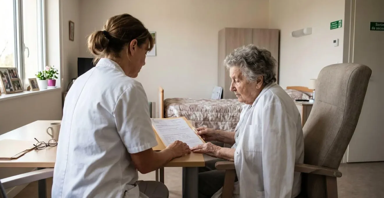 Professionnelle de santé en blouse blanche discutant avec une résidente âgée dans une chambre d'EHPAD moderne et lumineuse