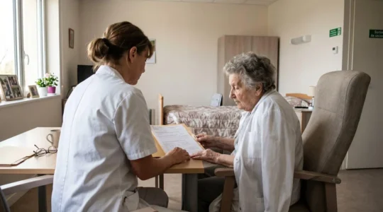 Professionnelle de santé en blouse blanche discutant avec une résidente âgée dans une chambre d'EHPAD moderne et lumineuse