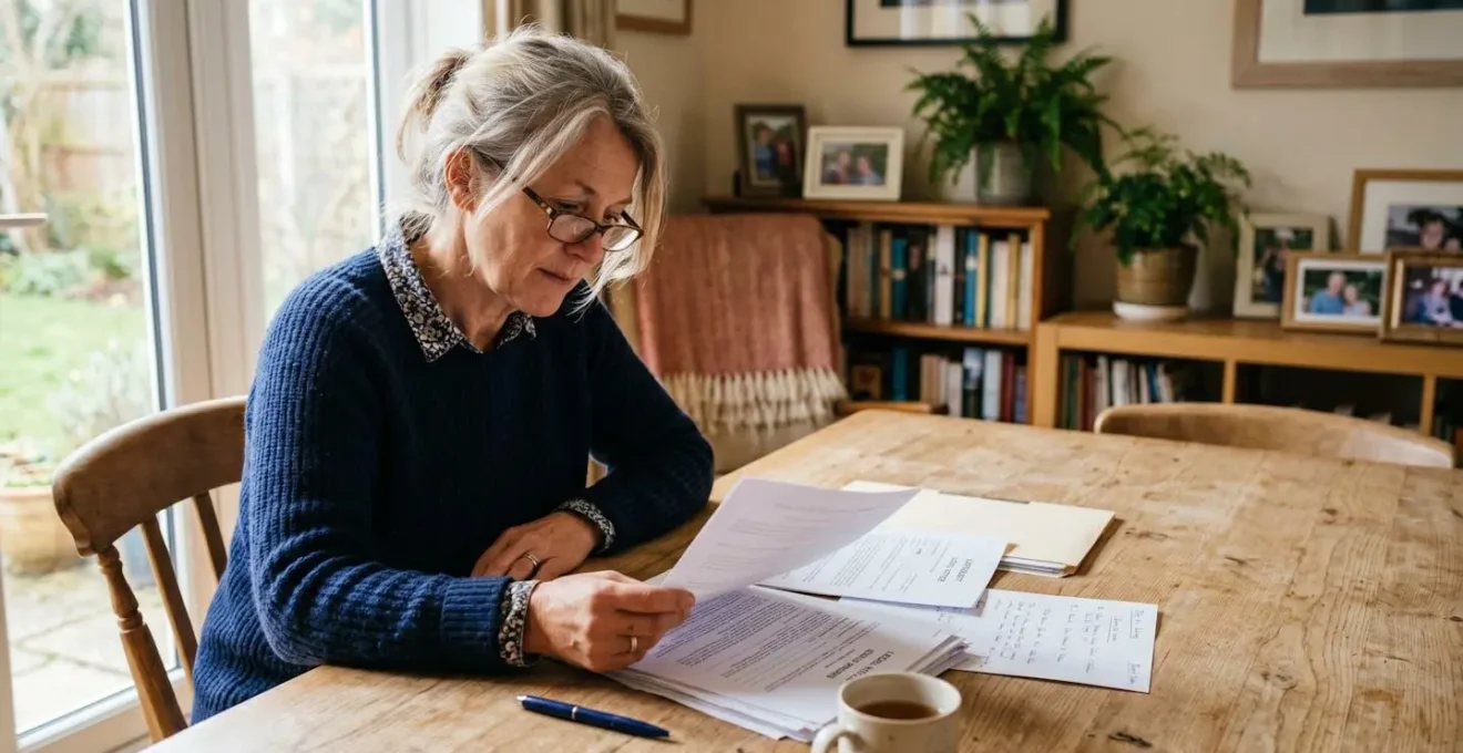 Une femme d'une cinquante d'années feuillette avec attention des documents officiels sur une table en bois clair