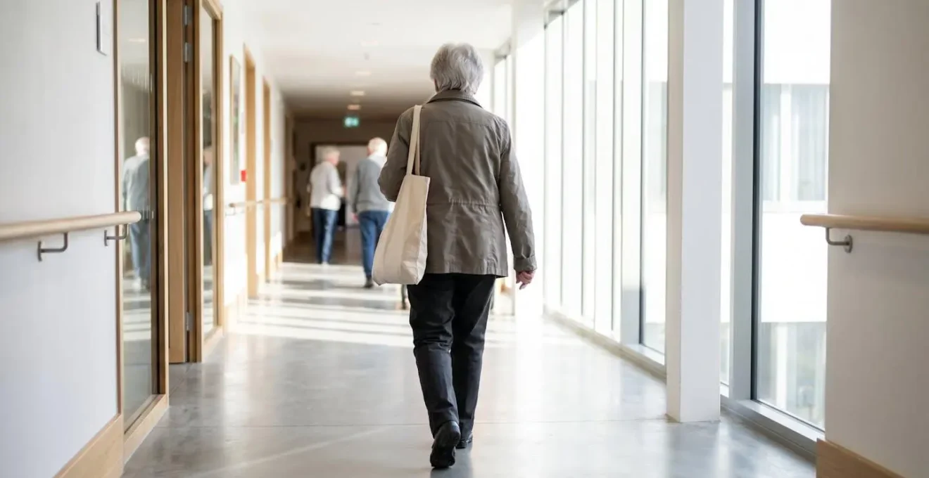 Femme senior de dos marchant de façon autonome dans couloir lumineux de résidence services avec rampe d