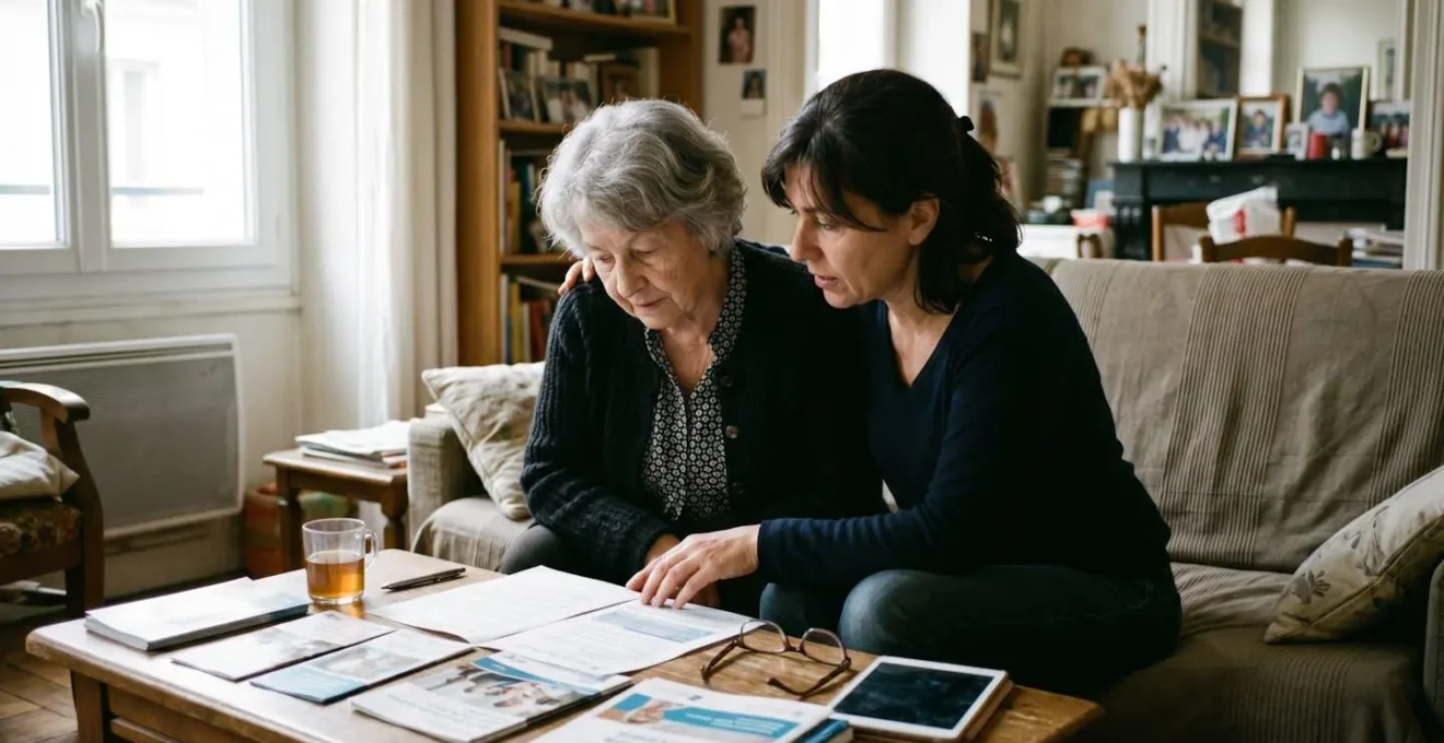 Une fille adulte et sa mère âgée assises côte à côte sur un canapé, consultant ensemble des brochures posées sur une table basse, dans un salon contemporain éclairé par la lumière naturelle