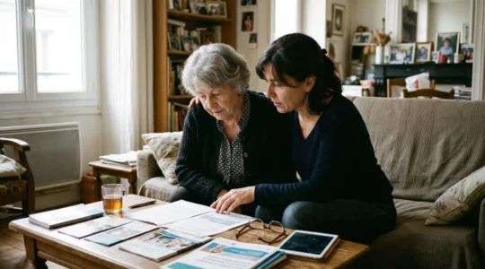 Une fille adulte et sa mère âgée assises côte à côte sur un canapé, consultant ensemble des brochures posées sur une table basse, dans un salon contemporain éclairé par la lumière naturelle