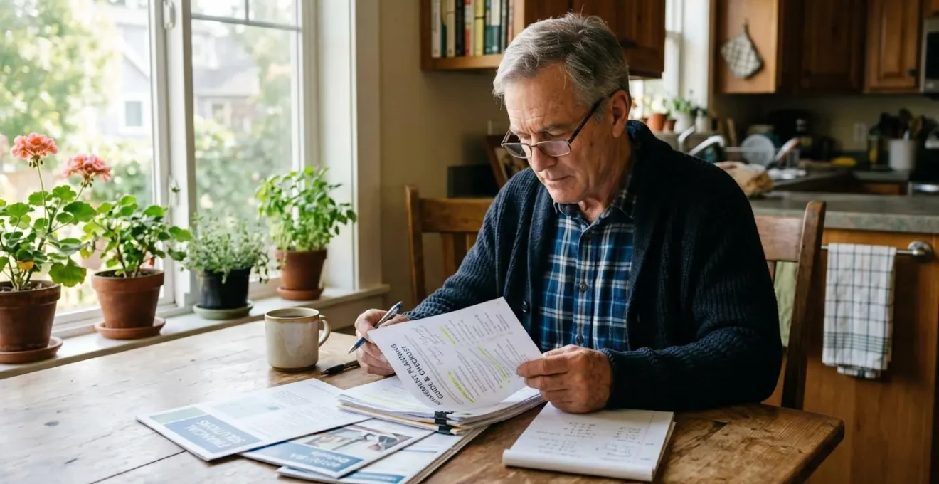 Un homme d'une soixante d'années, assis à une table lumineuse, examine attentivement des documents liés à sa retraite