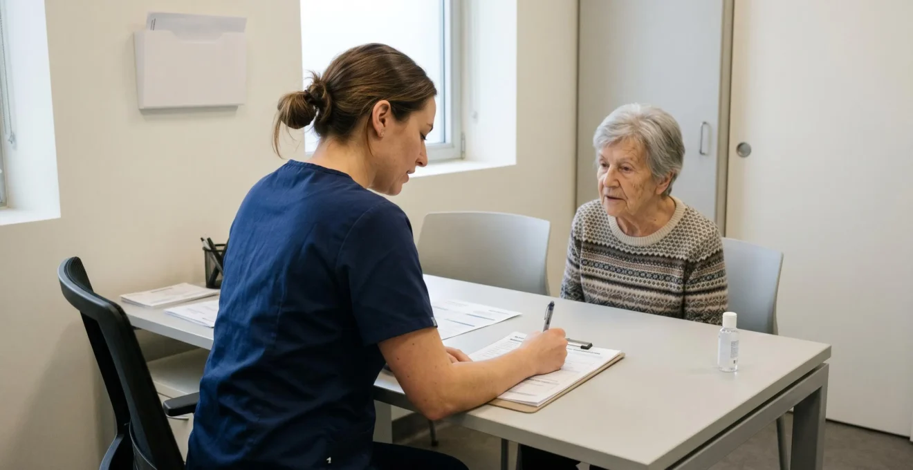 Une professionnelle de santé de dos, assise à une table face à une personne âgée, remplissant un formulaire d'évaluation sur une planchette avec un stylo, dans un bureau médical contemporain