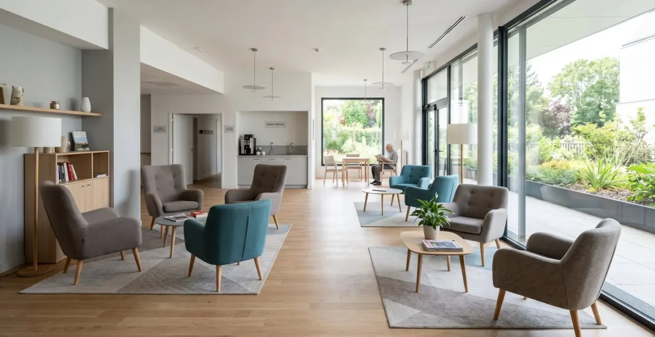Salle commune lumineuse et moderne d'une résidence pour seniors, avec fauteuils confortables disposés en groupes, de grandes fenêtres laissant entrer la lumière naturelle, espace vide ou avec une personne en arrière-plan flou