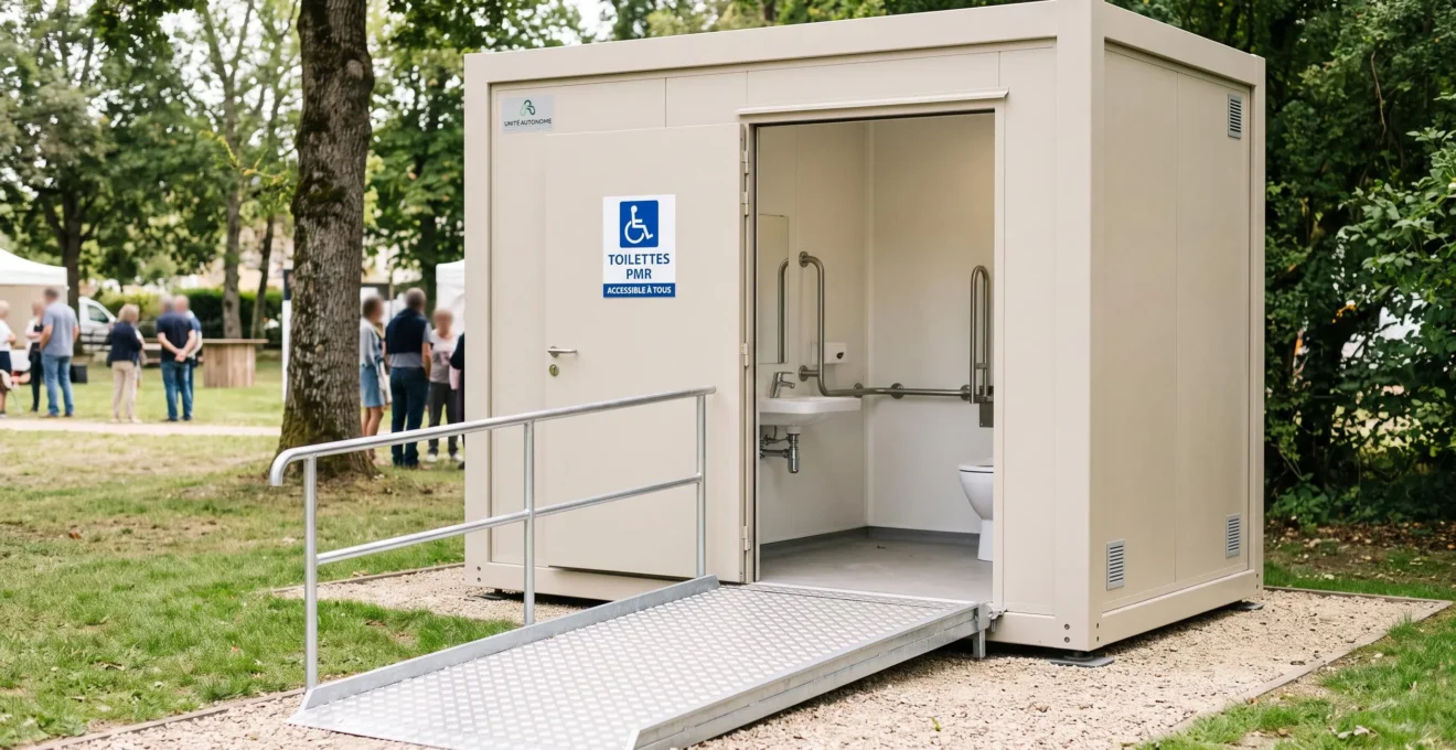 Cabine sanitaire autonome PMR professionnelle avec rampe d'accès et porte entrouverte montrant l'intérieur accessible équipé de barres d'appui et lave-mains, installée sur un site événementiel nature