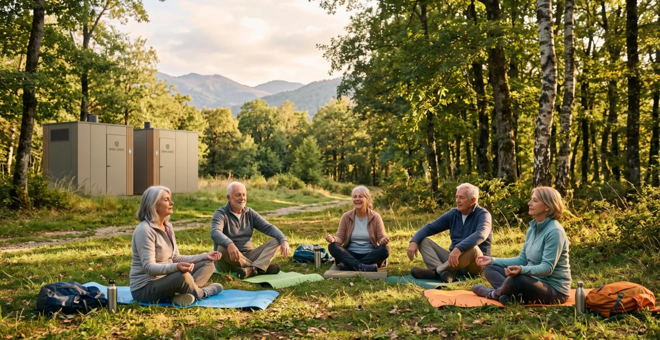 Groupe de cinq seniors participant à une séance de yoga en pleine nature dans une clairière forestière ensoleillée, avec des cabines sanitaires autonomes modernes visibles en arrière-plan, intégrées au paysage naturel