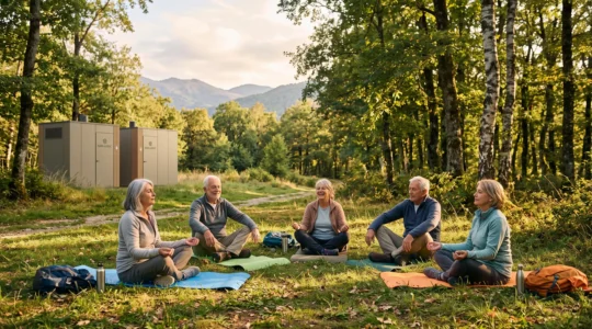 Groupe de cinq seniors participant à une séance de yoga en pleine nature dans une clairière forestière ensoleillée, avec des cabines sanitaires autonomes modernes visibles en arrière-plan, intégrées au paysage naturel