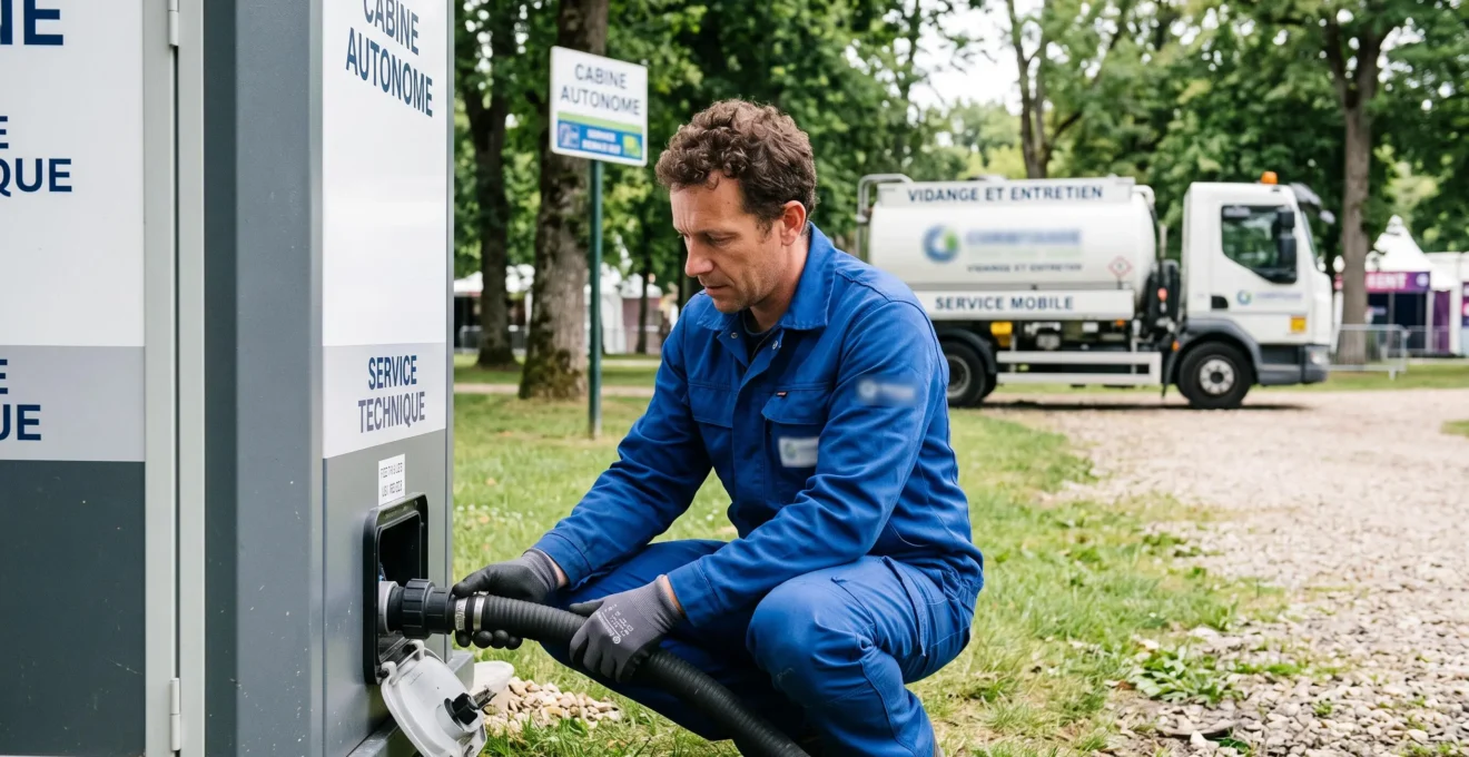 Technicien professionnel en tenue de travail effectuant une opération de vidange sur une cabine sanitaire autonome lors d'un événement, camion de service visible en arrière-plan