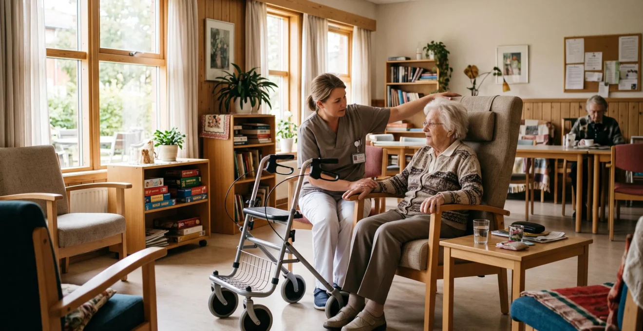 Une résidente âgée assise dans un fauteuil ergonomique avec un soignant dans un salon d'EHPAD lumineux.