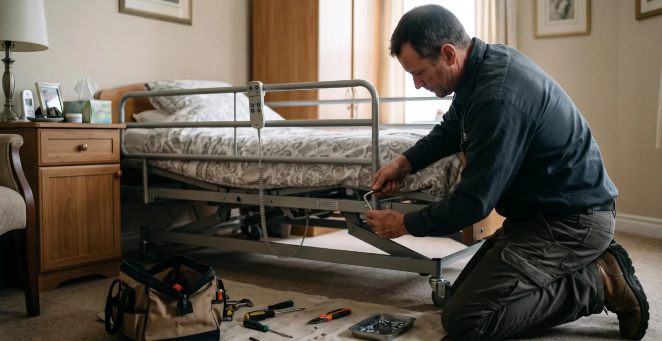 Un installateur fixe une barrière de lit sur un lit médicalisé dans une chambre de résidence seniors.