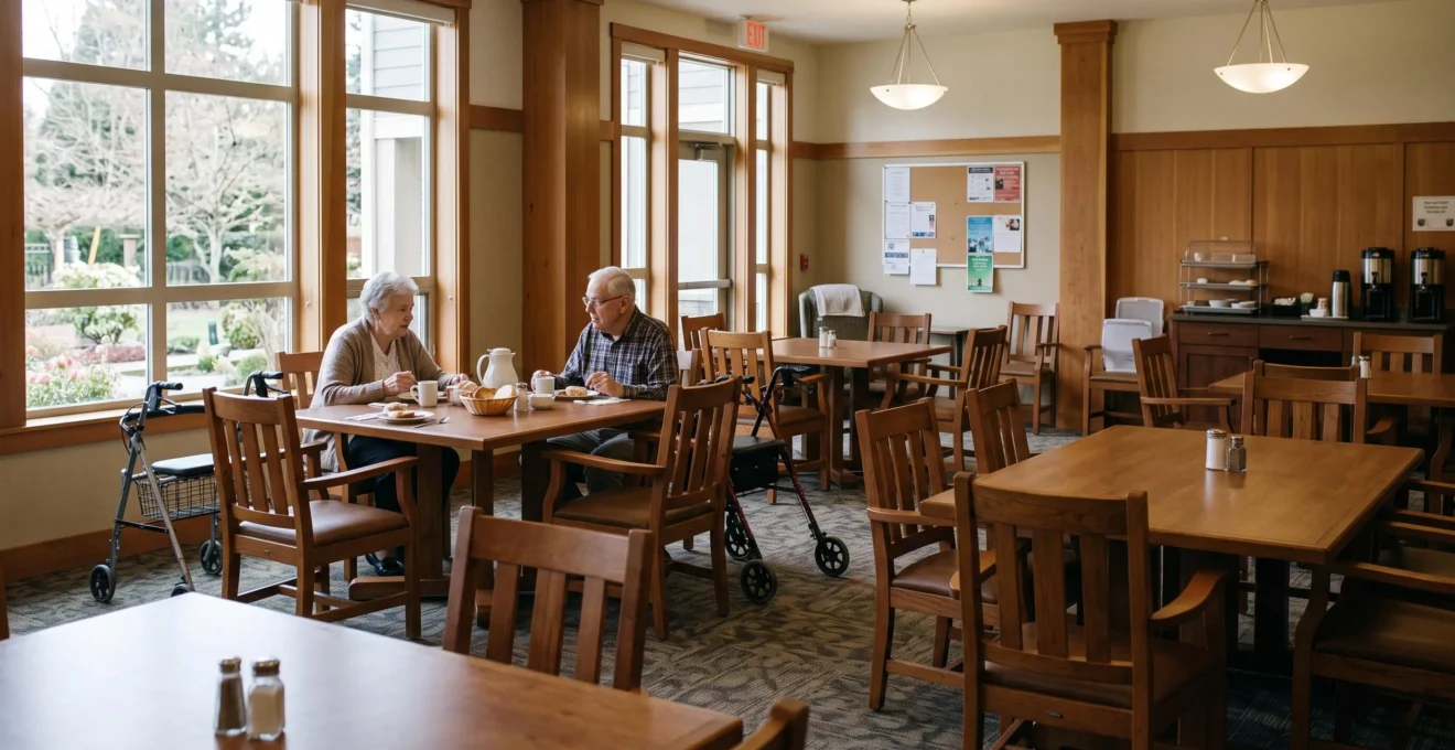 Une salle de restaurant de résidence seniors avec fauteuils à accoudoirs et espaces de circulation larges.
