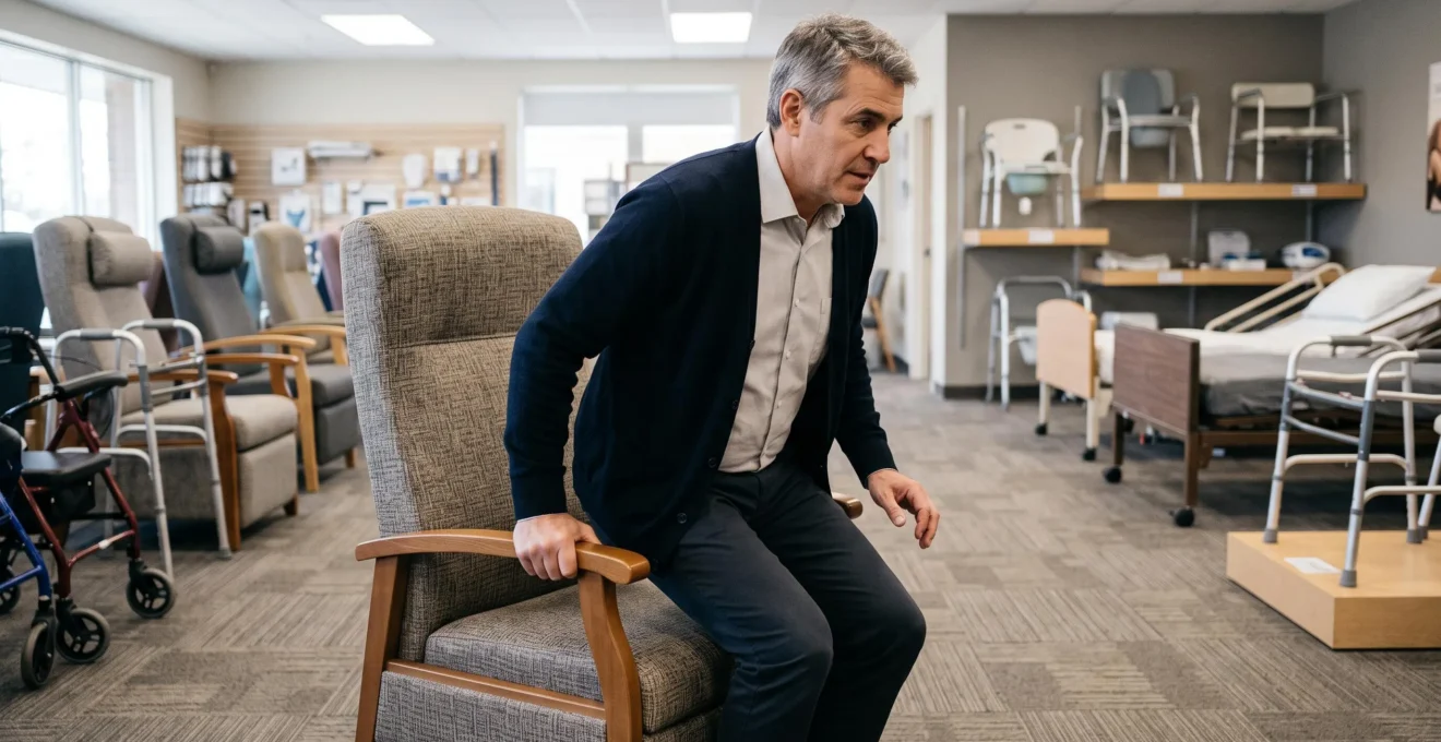 Un homme teste l'assise d'un fauteuil ergonomique dans un showroom de mobilier médical.
